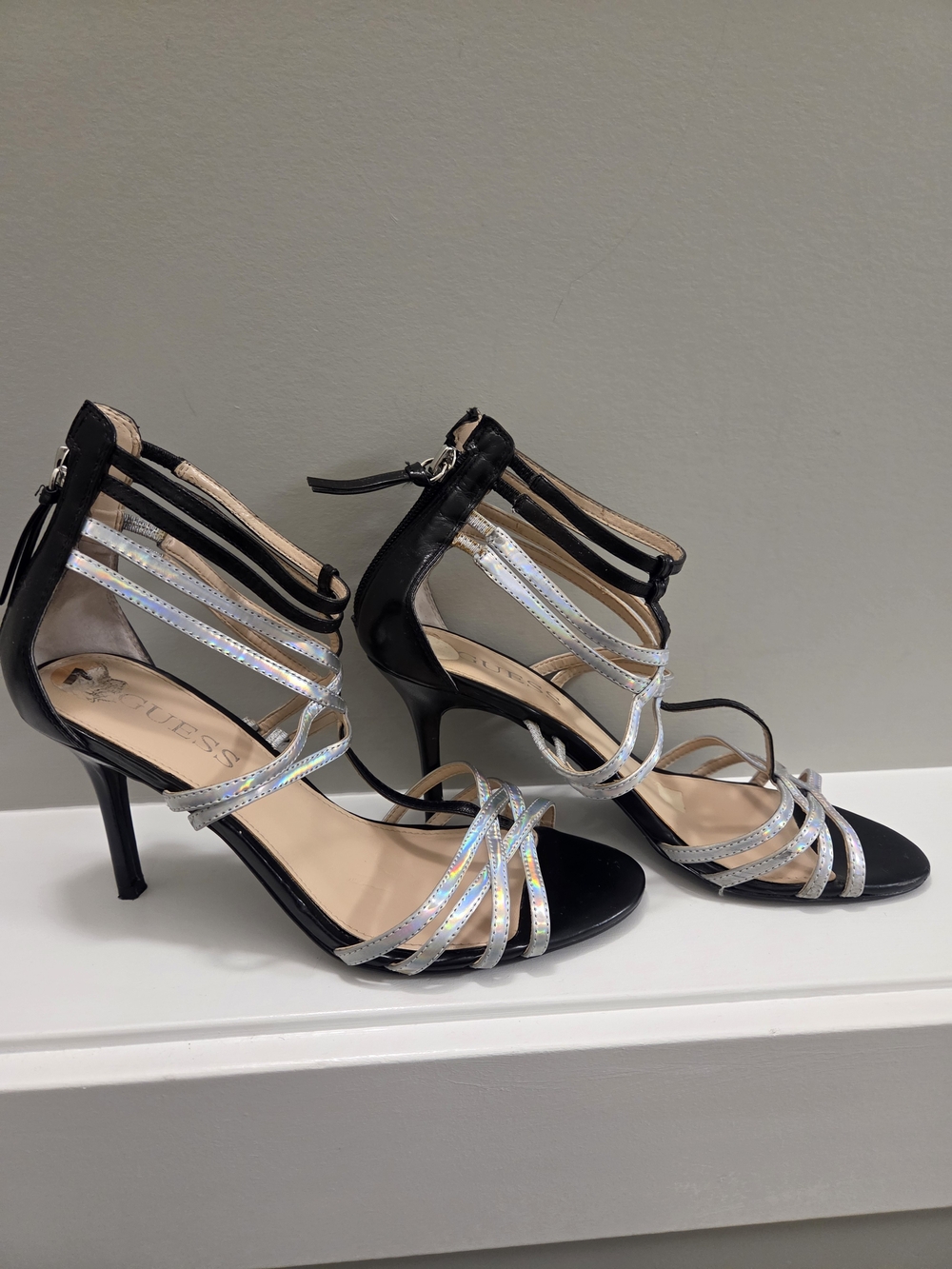 GUESS Alexi Strappy Iridescent Metallic Stiletto Sandals Black Chrome Silver 7